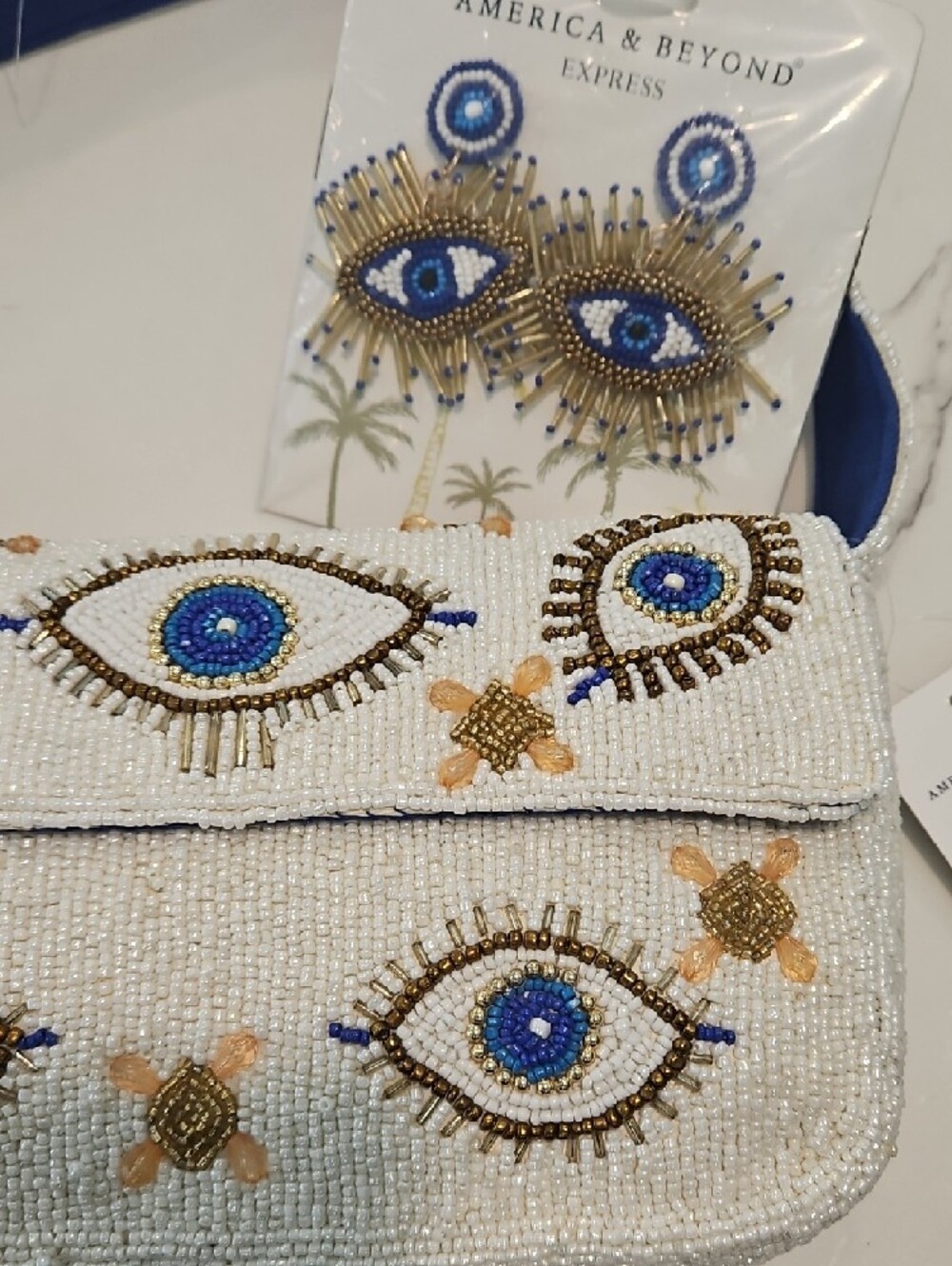 Beaded White Eye Motif Shoulder Bag with Blue Strap - Picture 2 of 3